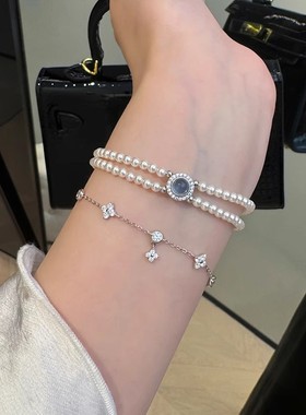 s925纯银双层施家珍珠手串天然海蓝宝手链轻奢高级感温柔叠戴手饰