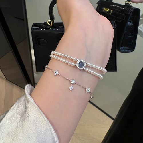 s925纯银双层施家珍珠手串天然海蓝宝手链轻奢高级感温柔叠戴手饰