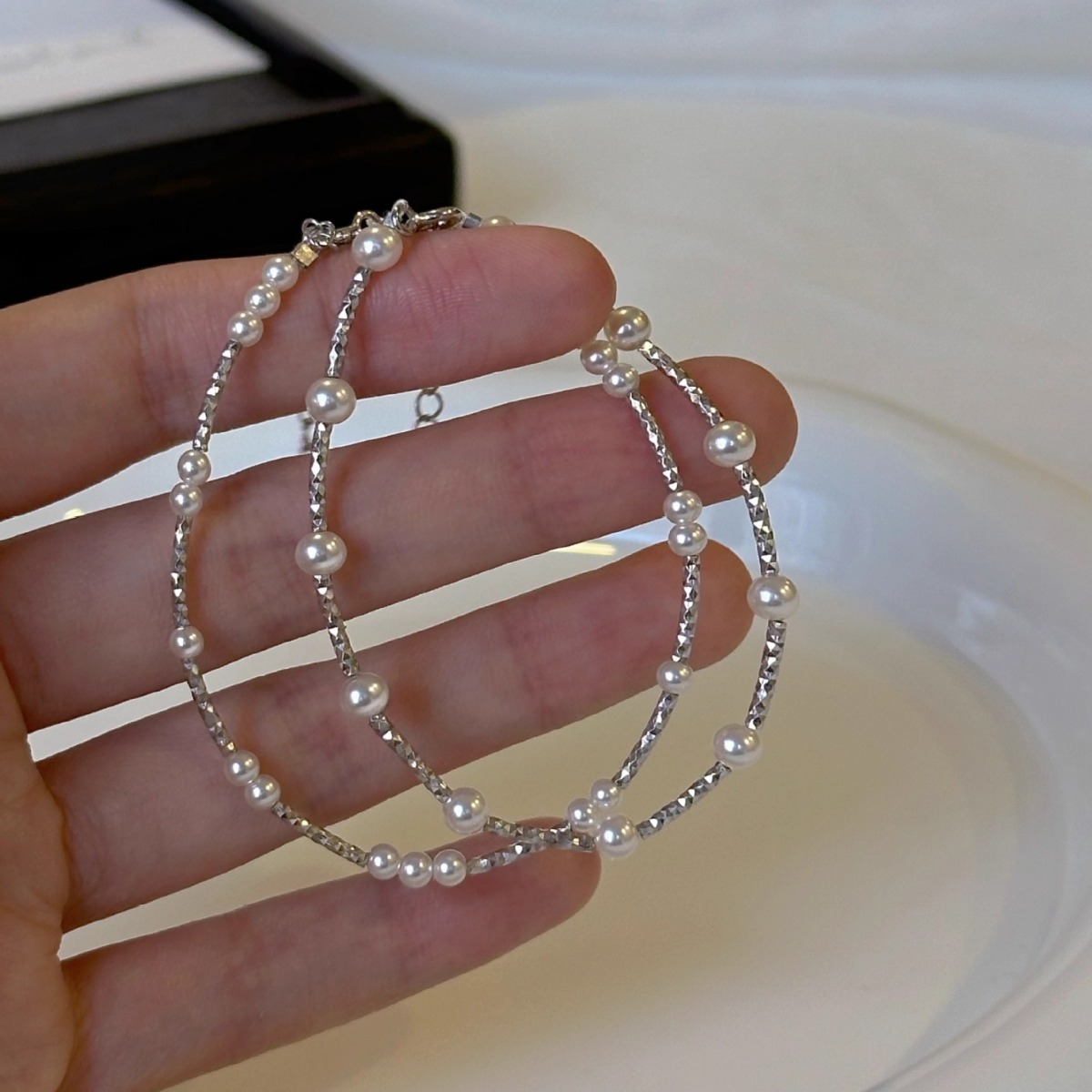 s925纯银施家小珍珠通勤百搭设计感叠戴满天星手链女夏简约手串