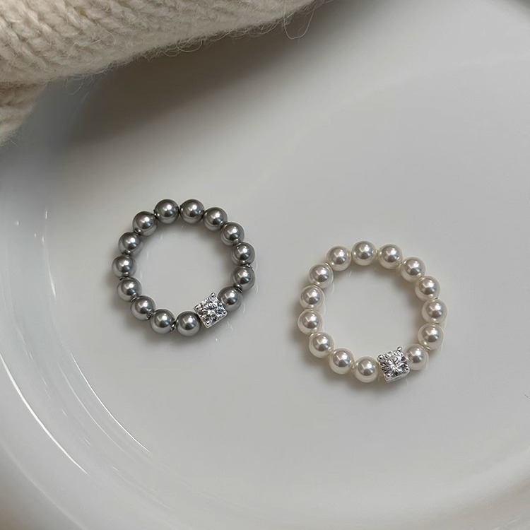 s925纯银方糖奥地利施家珍珠弹力戒指四爪小众设计女轻奢高级简约