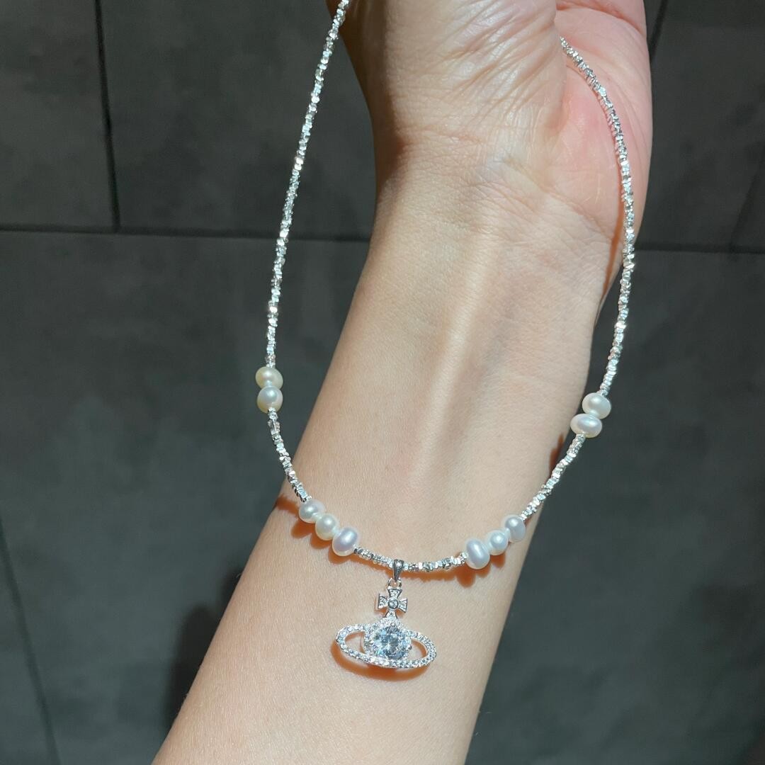 s925纯银天然淡水珍珠碎银子土星项链女高级感小众星球吊坠颈链