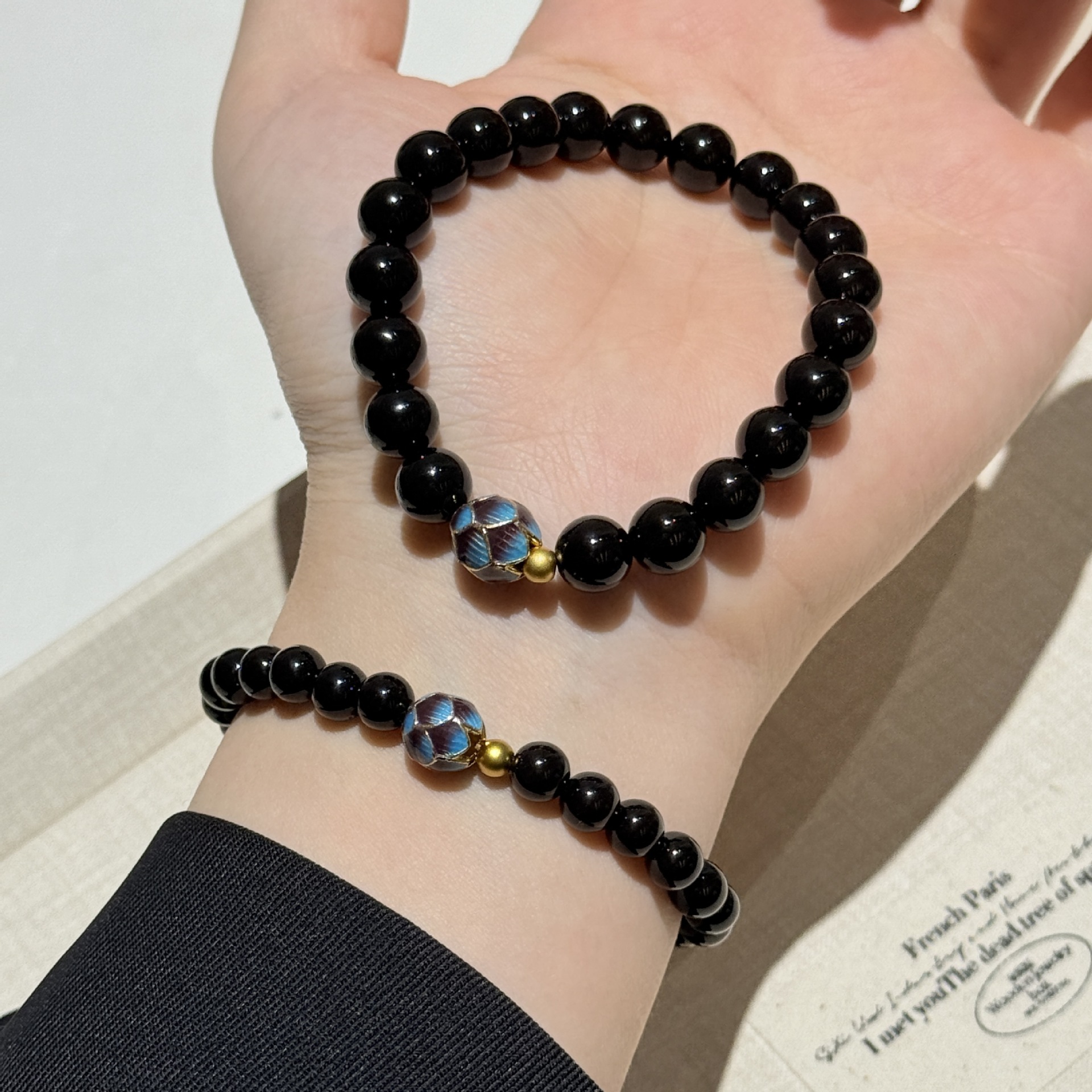 天然黑曜石手串莲花转运珠手链男女款黑色串珠转运招财补水手饰