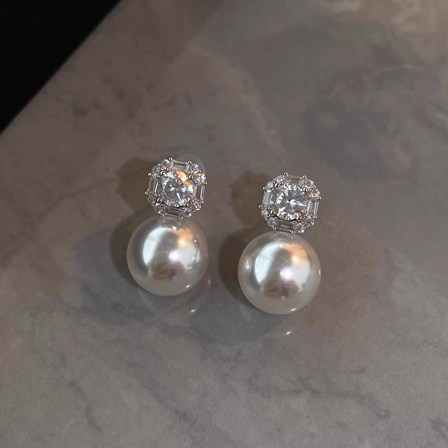 s925纯银重工冷光施家珍珠耳环方糖满钻耳钉女小众轻奢高级感耳饰