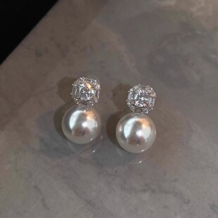 s925纯银重工冷光施家珍珠耳环方糖满钻耳钉女小众轻奢高级感耳饰