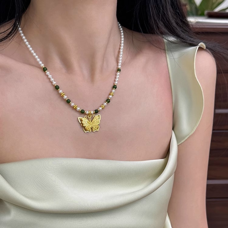 新中式古法沙金蝴蝶玉髓施家珍珠项链轻奢小众锁骨链气质新款纯银