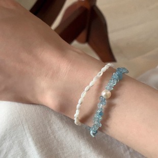 贝母手链海蓝宝s925纯银串珠天然珍珠手串女小众高级双层叠戴手饰