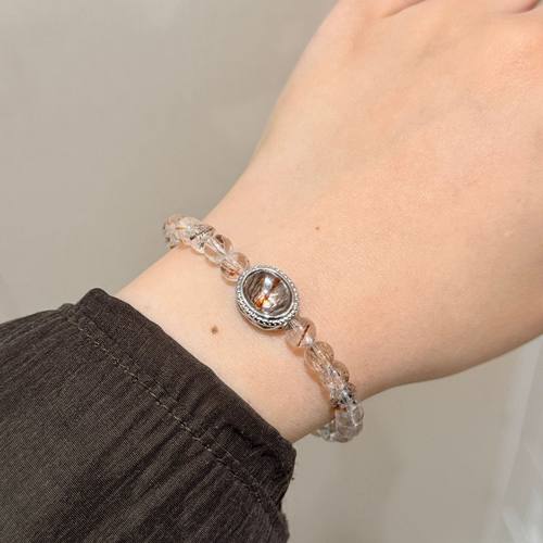 天然黑金超七水晶椭圆手链女小众设计高级感骨干钛晶手串招财礼物