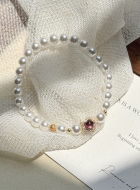 s925纯银天然碧玺五角星手链女简约小众高级感施家珍珠叠戴手饰