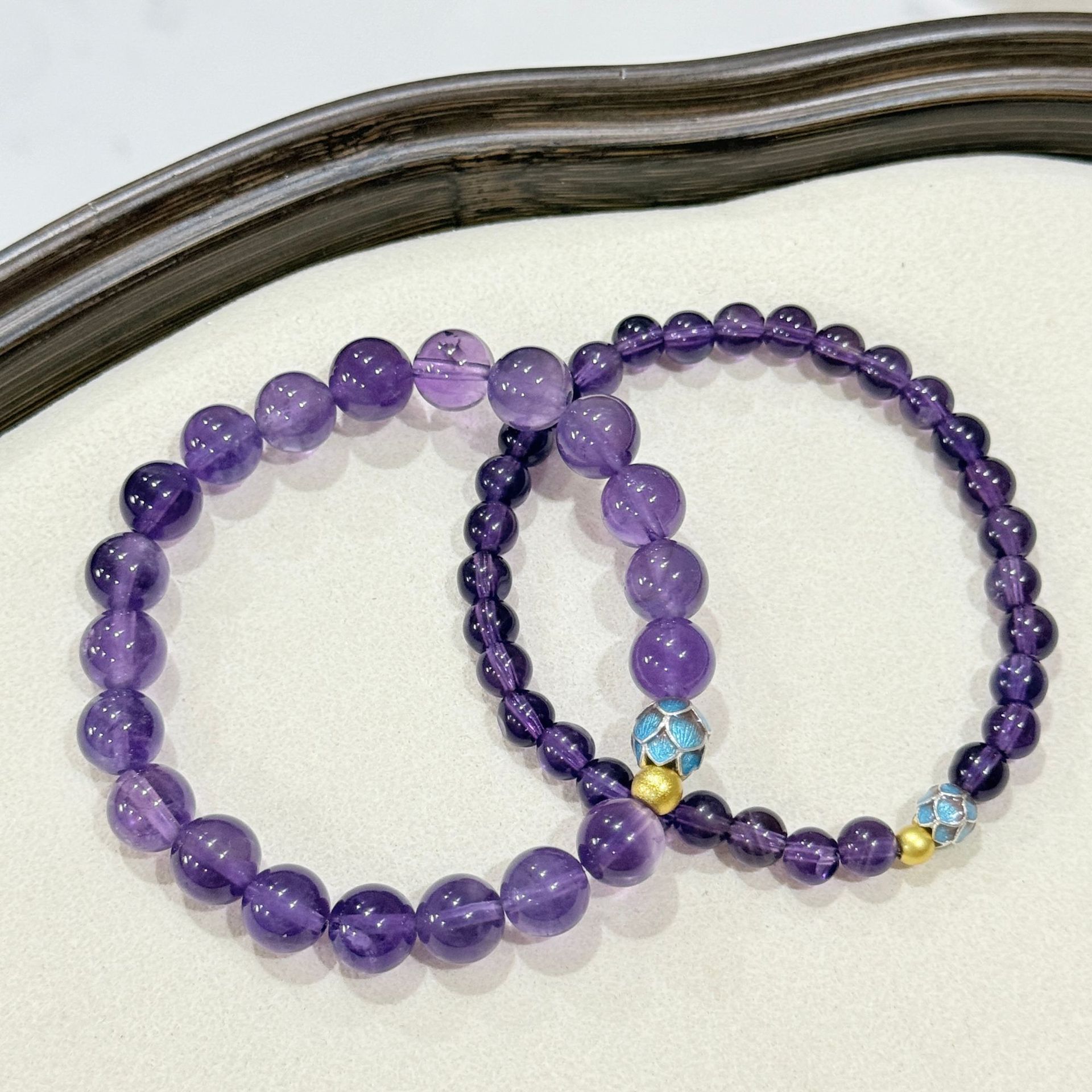 s925纯银天然紫水晶烧蓝莲花手串招财转运珠手链高级感转运珠手饰