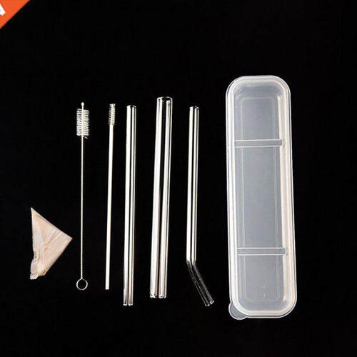 6PCS/Set Reusable Clear Glass Water Drinking Straws With Bru
