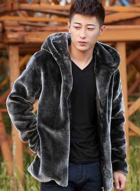Fashion Winter Mens Faux Fur Mink Fur Coat Short Gray Hooded