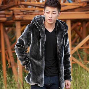 Fashion Winter Mens Faux Fur Mink Fur Coat Short Gray Hooded