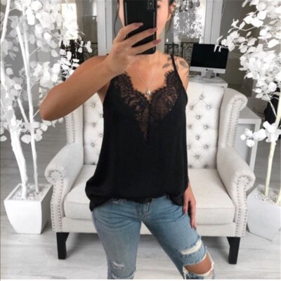 2020 Summer Women Casual Loose Sleeveless  Blouse Lace V Nec