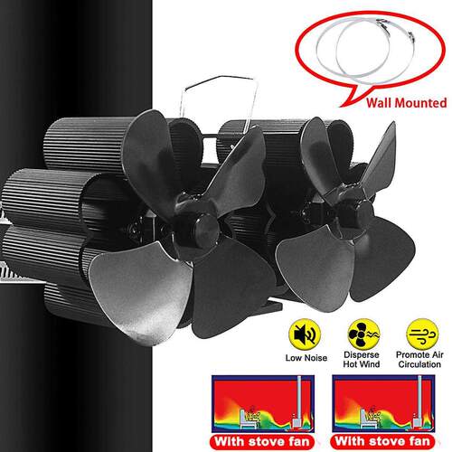 Wall Mouted Black Fireplace 8 Blade Heat Powered Stove Fan L