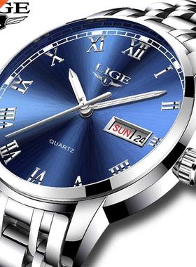 LIGE Luxury Brand Men Stainless Steel Gold Watch Men	s Qu