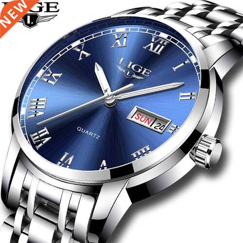 LIGE Luxury Brand Men Stainless Steel Gold Watch Men	s Qu