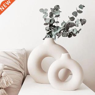 Nordic Vase Circular Hollow Ceramic Donuts Flower Pot Home L