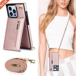 Card Holder Leather Zipper Crossbody Lanyard Square Phone Ca