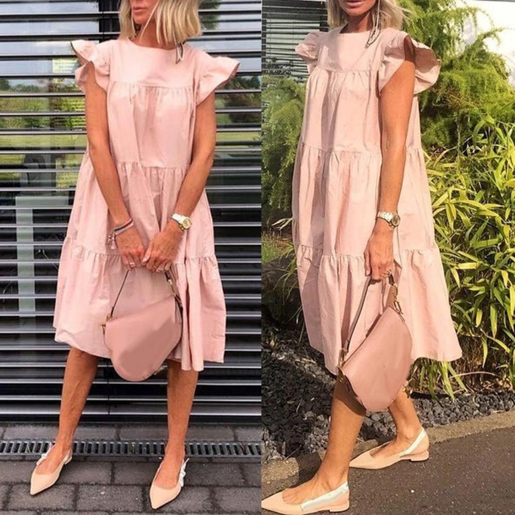 Women Summer Dresses Casual Solid Color O Neck Ruffled Short图片