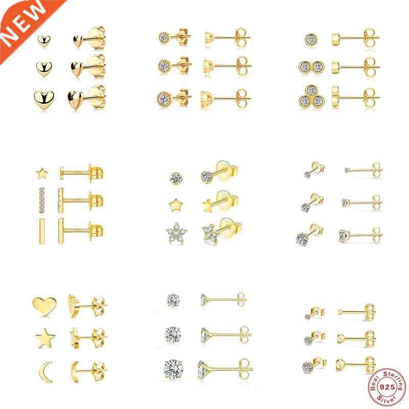 3PCS/Set Piercing Aretes Real 925 Sterling Silver Moon Star