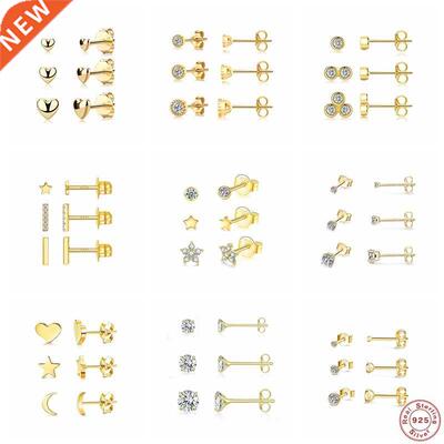 3PCS/Set Piercing Aretes Real 925 Sterling Silver Moon Star