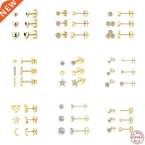 3PCS/Set Piercing Aretes Real 925 Sterling Silver Moon Star