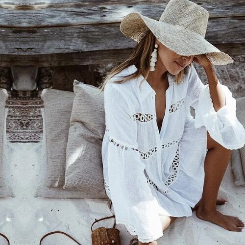 Women Swimsuit Cover Ups Mandarin Sleeve Kaftan Beach Tunic