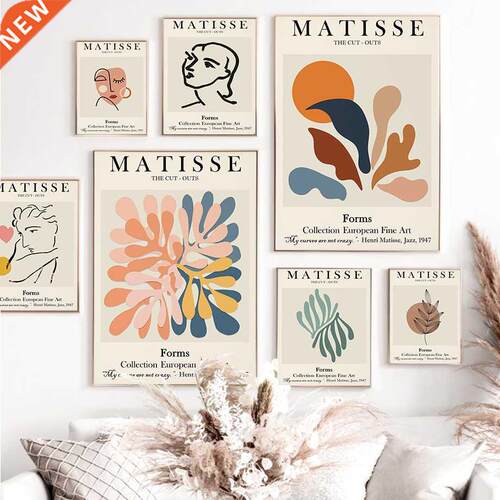Abstract Matisse Line Face Coral Leaves Wall Art Painting N