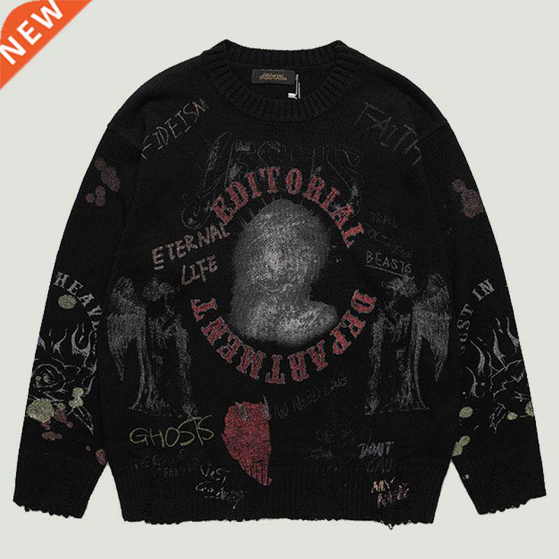 hip hop men's knitted sweaters vintage graffiti lett