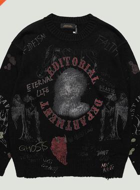 Hip Hop Men's Knitted Sweaters Vintage Graffiti Lett