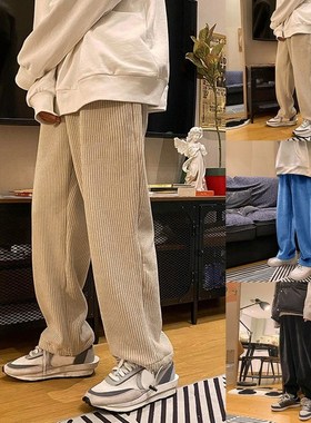 Man Casual Tie Leg Straight Pants Woman Corduroy Solid Color