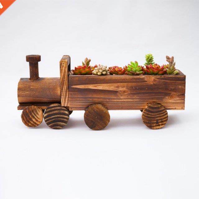 Retro Wooden Train Flower Pot Succulent Plant Potted Bonsai