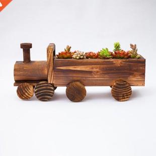 Retro Wooden Train Flower Pot Succulent Plant Potted Bonsai
