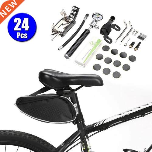 24Pcs Portable Bike Bicycle Repair Tool Pump With Gauge 16in