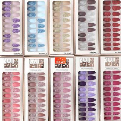 24 pcs fake nails Glitter powder Pointed fake nail wearing