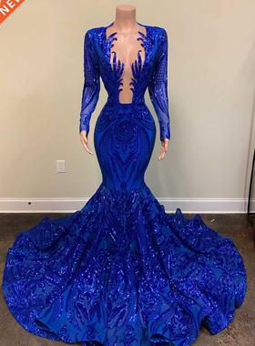 Royal Blue Sequined Prom Dresses for Black Girls 2022 Mermai
