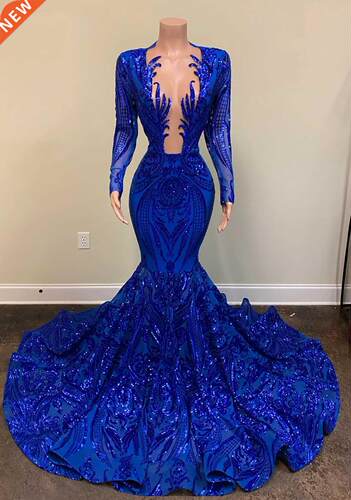 Royal Blue Sequined Prom Dresses for Black Girls 2022 Mermai