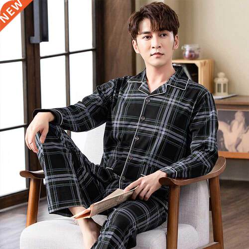 Spring autumn 100%Cotton Pajamas Sets For Men Plaid Sleepwea