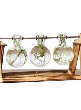 Desktop Glass Planter Bulb Vase with Retro Solid Wooden Stan