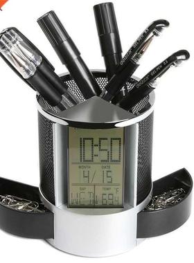DX-111 Black Digital LED Desk Alarm Clock Mesh Pen Pencil Ho