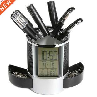 DX-111 Black Digital LED Desk Alarm Clock Mesh Pen Pencil Ho