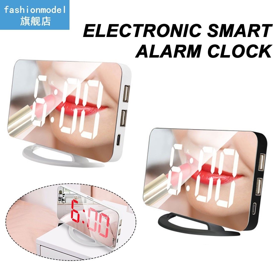LED Alarm Clock Digital Electronic Mirror Snooze Clock Deskt