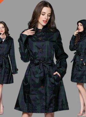 Fashion Big Lattice With Belt Rian Jacket Women Dress Style