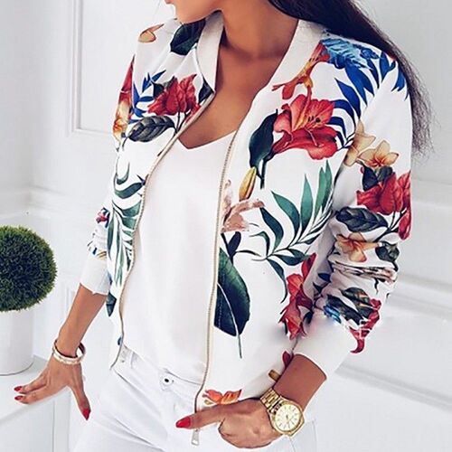 Women Floral Jackets Spring Summer Long Sleeve  Zipper Print
