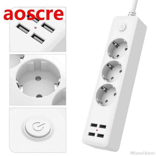 EU Power Strip Socket 2500w Home Office Plug with 4 USB Char