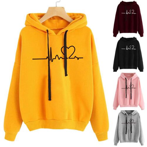 New Women Sweatshirt Hoody Ladies Hooded Heartbeat Printed C
