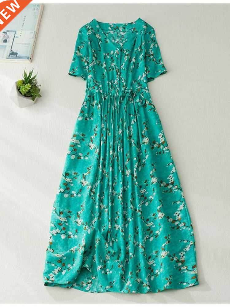 Suer Dress Woen High Waist Drawstring Loose Casual Print