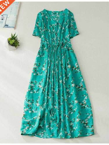 Suer Dress Woen High Waist Drawstring Loose Casual Print