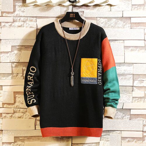 2021 New Sweaters Men'S Black Patchwork Long Sleeves Autumn