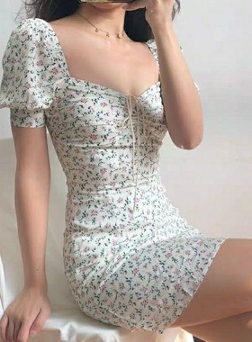 Summer Dress Retro Boho Women Tie Neck Floral Print Floral M